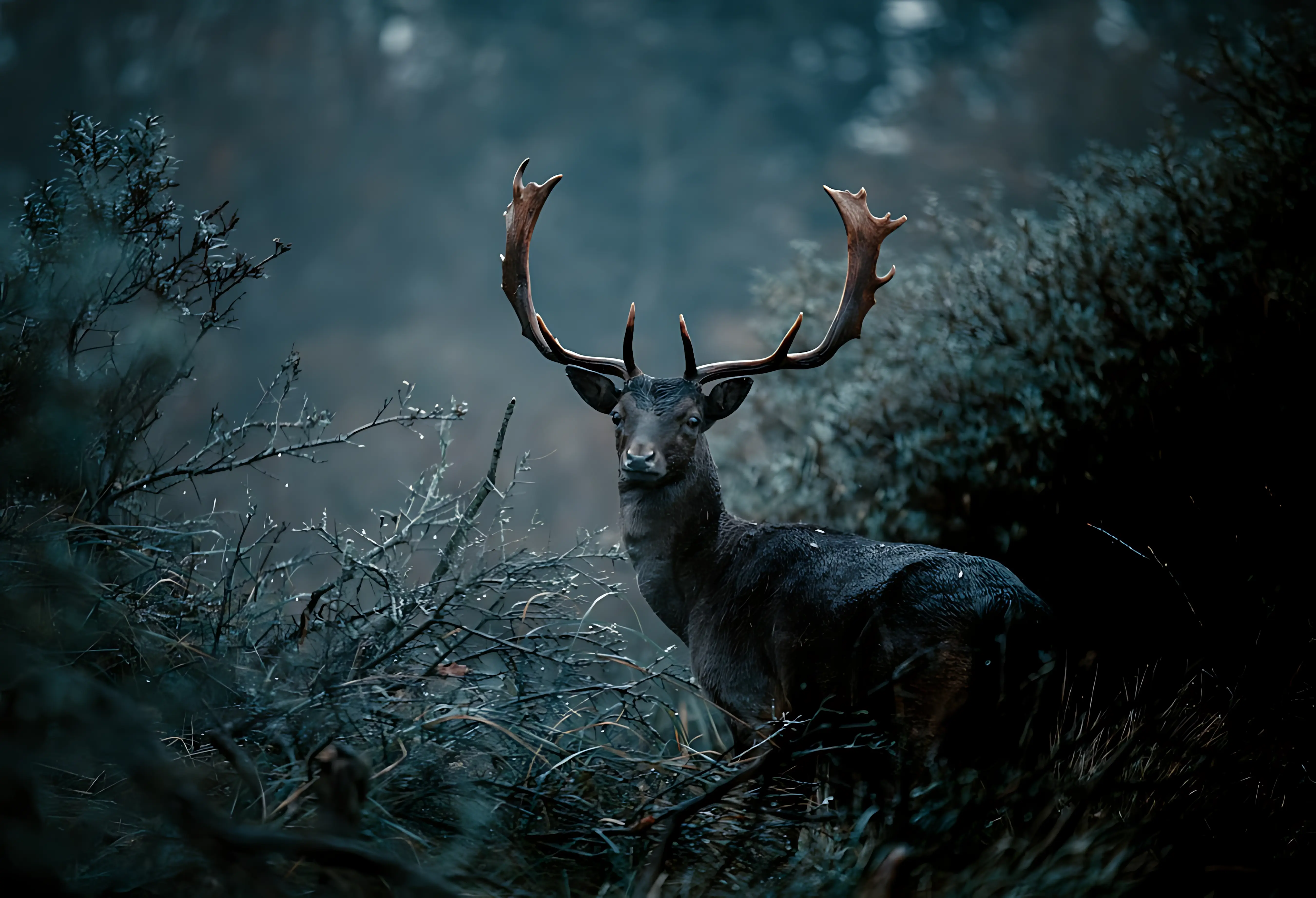 Dark atmospheric forest with deer